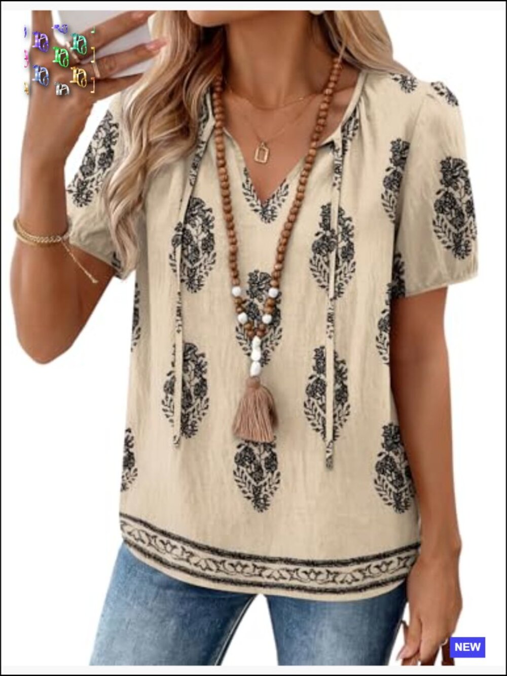 Boho Peasant Top V-Neck Tie Front Puff Sleeve Flowy Tunic Blouse Summer View 2